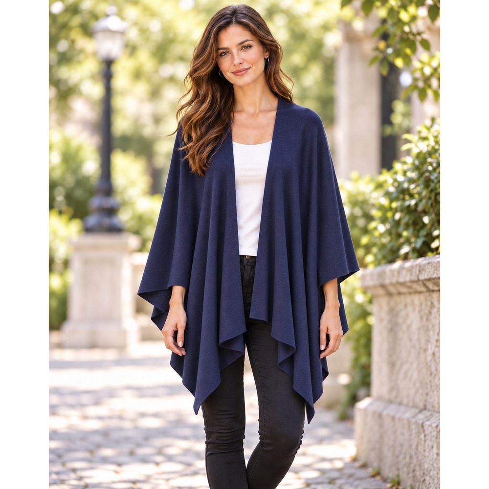 Elegant Draped Navy Blue Open Front Poncho Wrap Shawl Artsy Quiet Luxury O/S